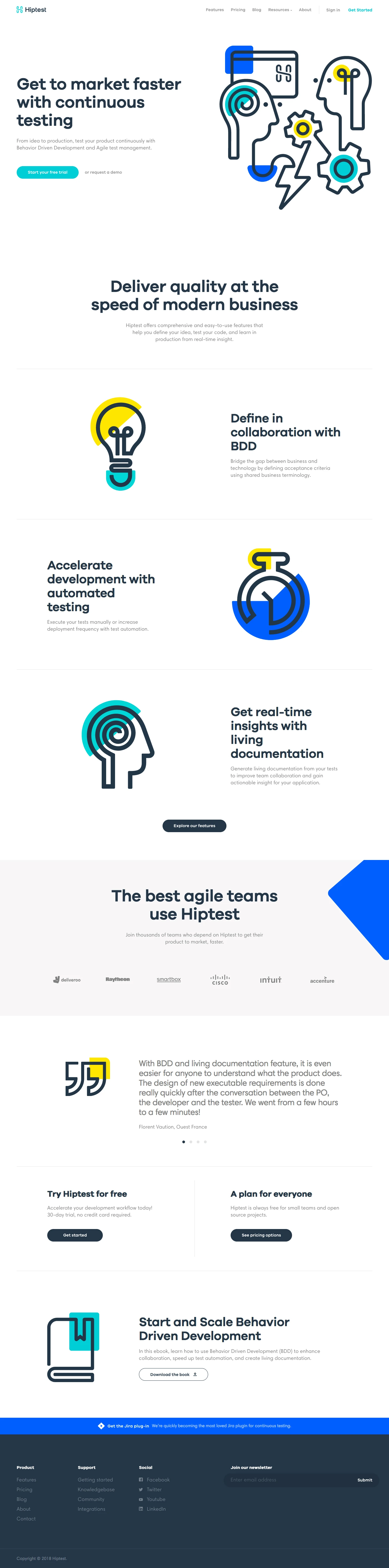 Hiptest Landing Page Example: Get to market faster with continuous testing. From idea to production, test your product continuously with Behavior Driven Development and Agile test management.