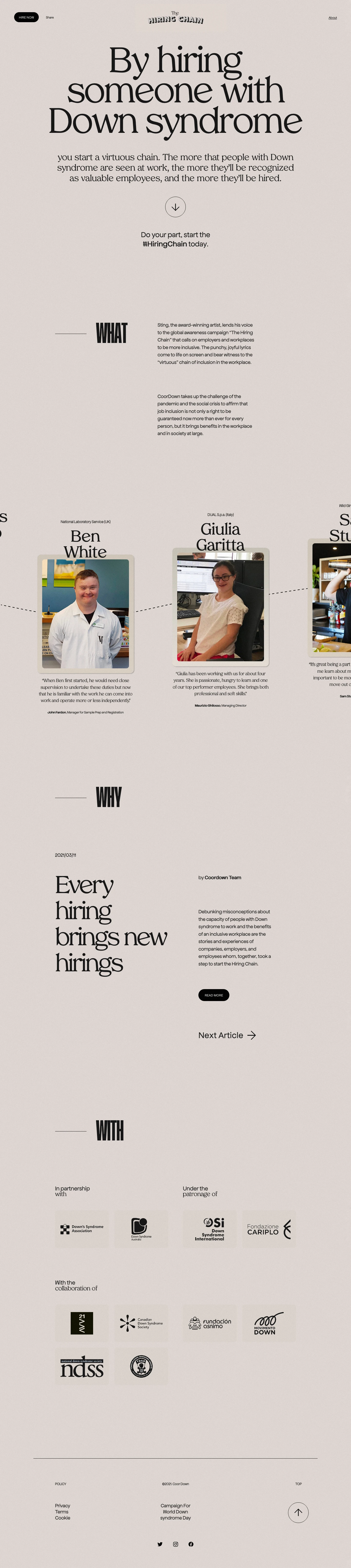 The Hiring Chain Landing Page Example: By hiring someone with Down syndrome, you start a virtuous chain. The more that people with Down syndrome are seen at work, the more they’ll be recognized as valuable employees, and the more they’ll be hired.