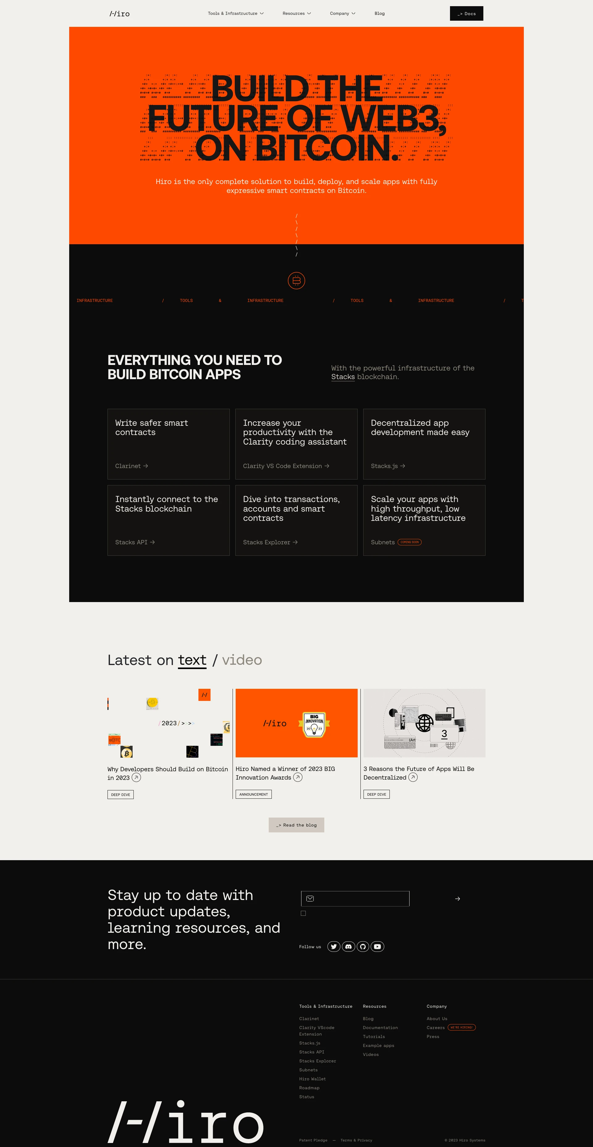 Hiro Landing Page Example: Hiro is the only complete solution to build, deploy, and scale apps with fully expressive smart contracts on Bitcoin.
