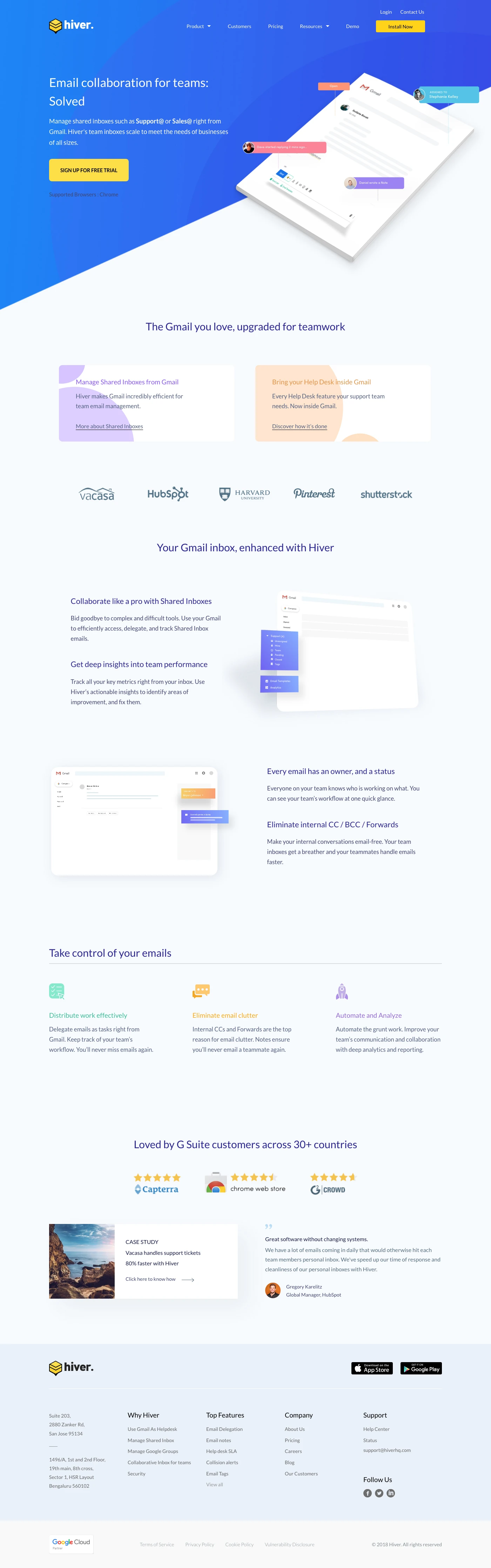 Hiver™ Landing Page Example: Effortless email delegation and Shared Inbox management - say goodbye to email clutter.