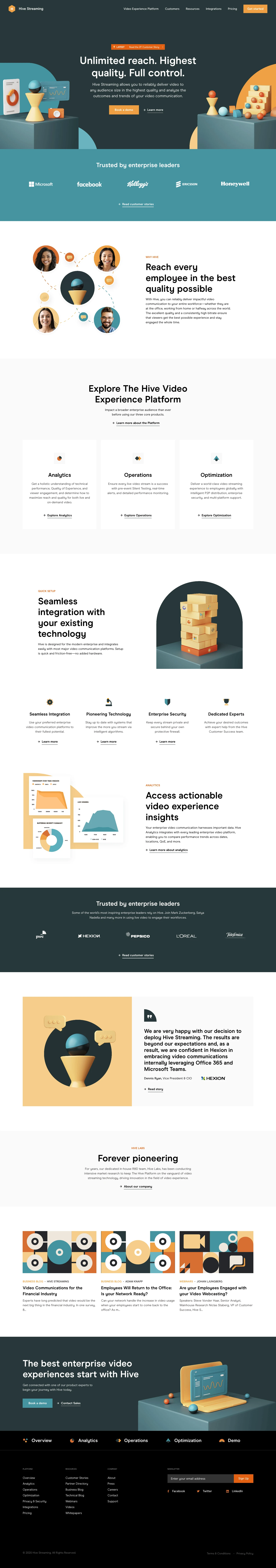 Hive Streaming Landing Page Example: Hive Streaming allows you to reliably deliver video to any audience size in the highest quality and analyze the outcomes and trends of your video communication.
