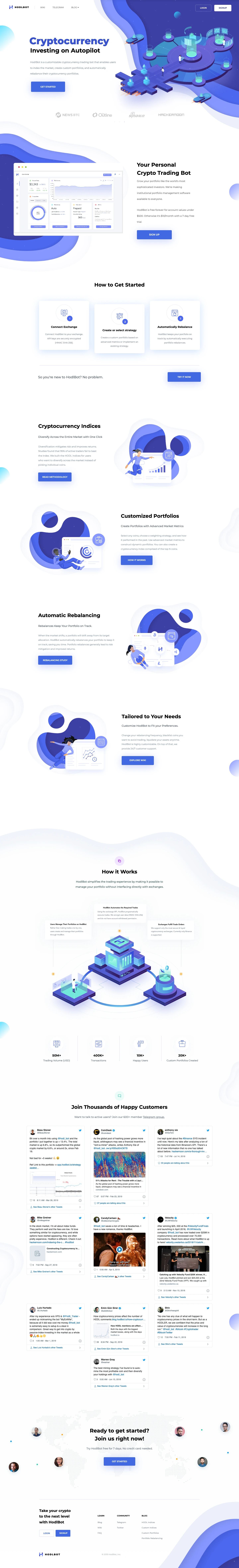 HodlBot Landing Page Example: HodlBot is a customizable cryptocurrency trading bot that enables users to index the market, create custom portfolios, and automatically rebalance their cryptocurrency portfolios.