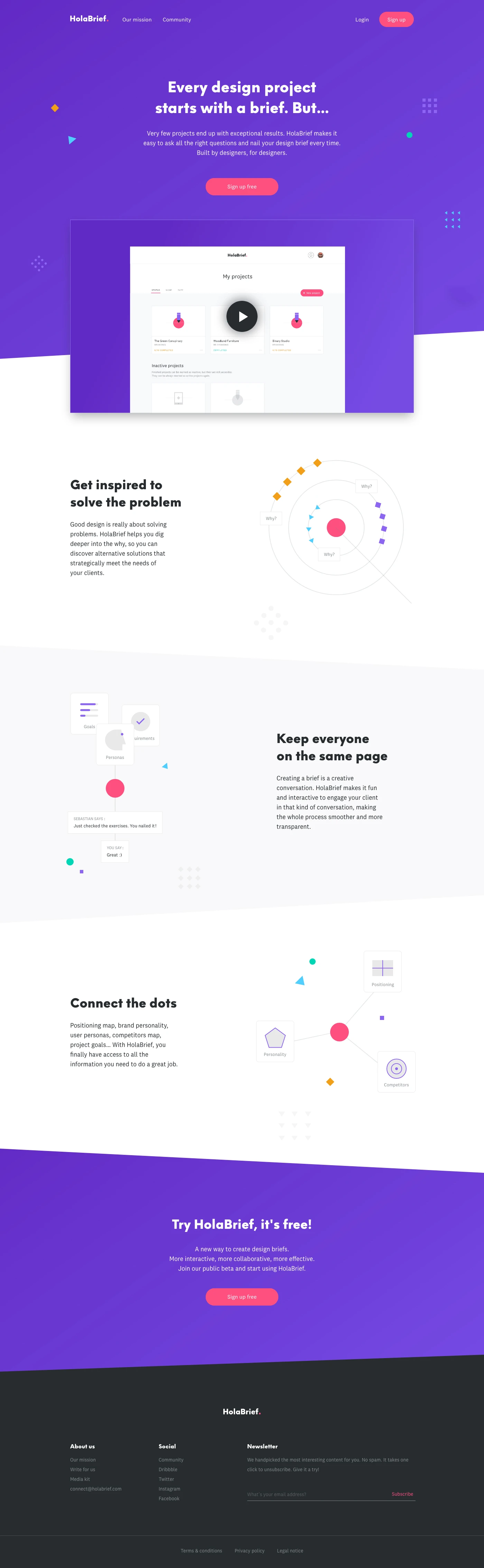 HolaBrief Landing Page Example: HolaBrief is an online tool that helps you ask all the right questions and make any design brief amazing. Built by designers, for designers.