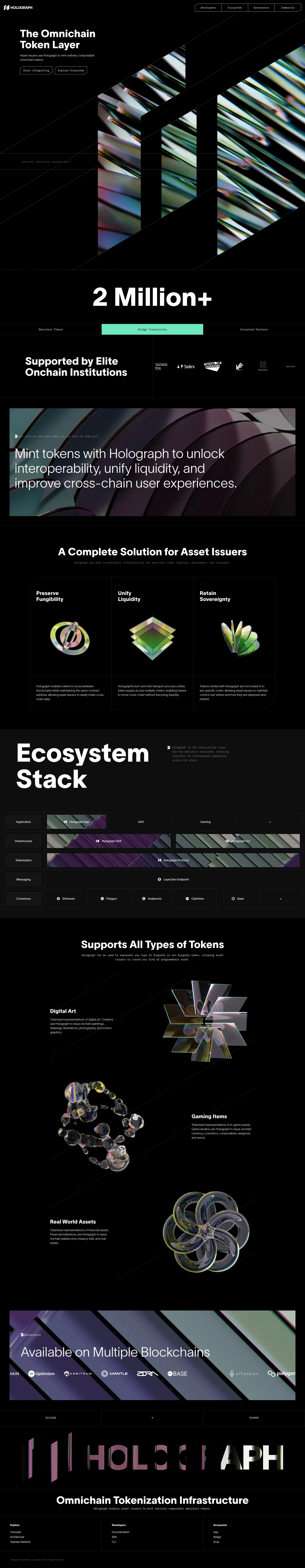 Holograph Landing Page Example: Holograph is an omnichain tokenization protocol, enabling asset issuers to mint natively composable omnichain tokens.