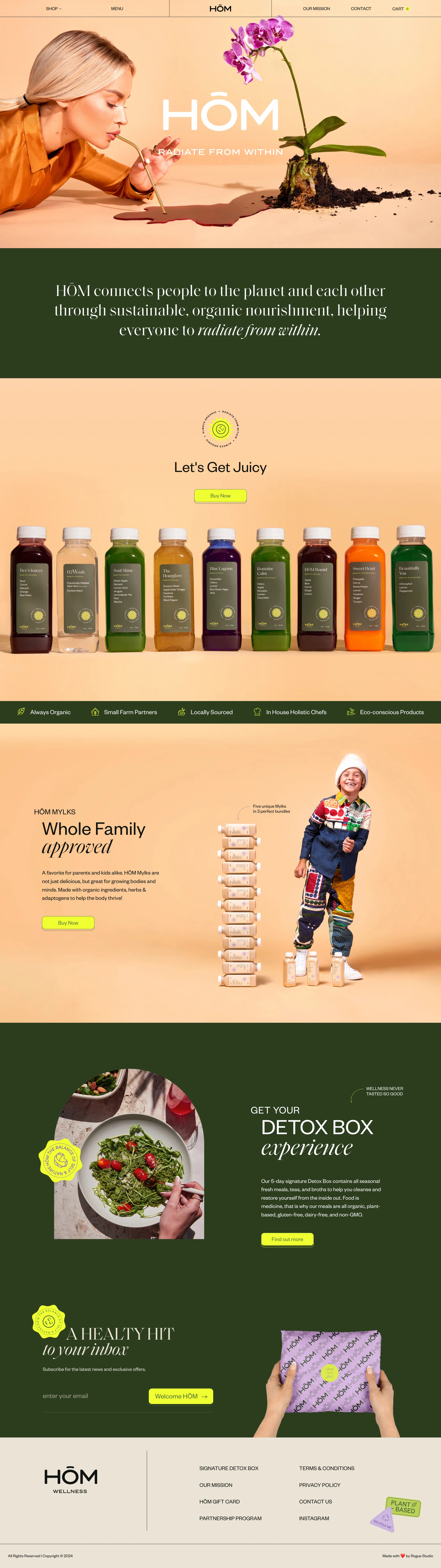 HŌM Wellness Landing Page Example: HŌM connects people to the planet and each other through sustainable, organic nourishment, helping everyone to radiate from within.