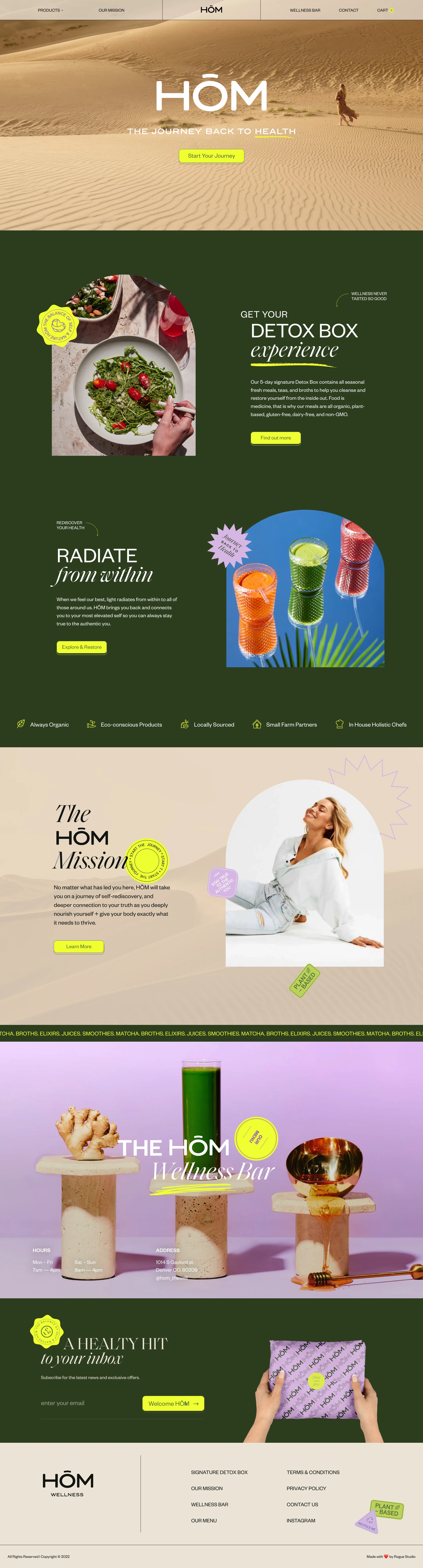 HŌM Wellness Landing Page Example: At HŌM, we believe that food should be high-quality and all organic, so we source all of our ingredients from local suppliers and farms that use health-centric, sustainable agricultural practices to ensure peak freshness, and optimal flavor.