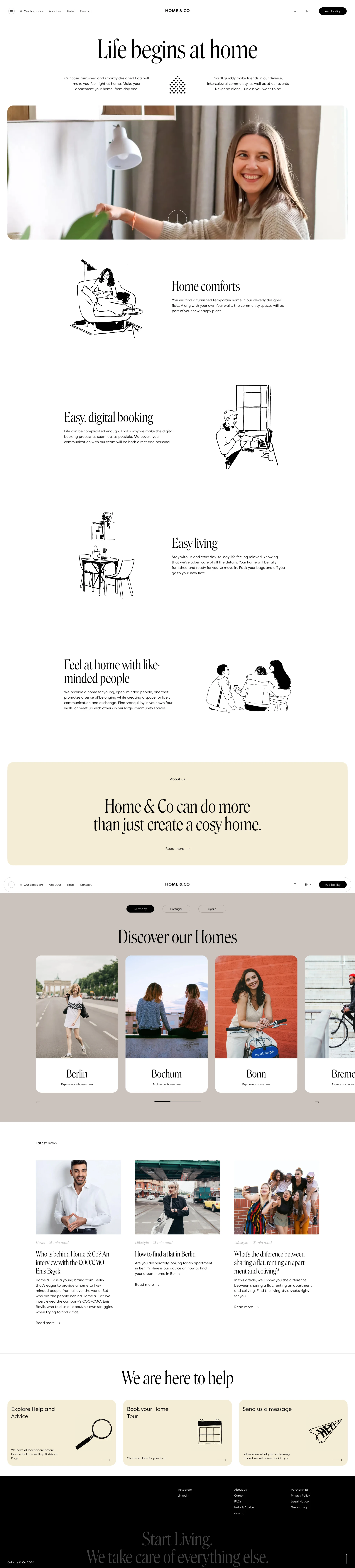 Home & Co Landing Page Example: Our cosy, furnished and smartly designed flats will make you feel right at home within an international, diverse coliving community of like-minded people. And if you want privacy, you will find it in your own flat or room. Explore Home & Co.