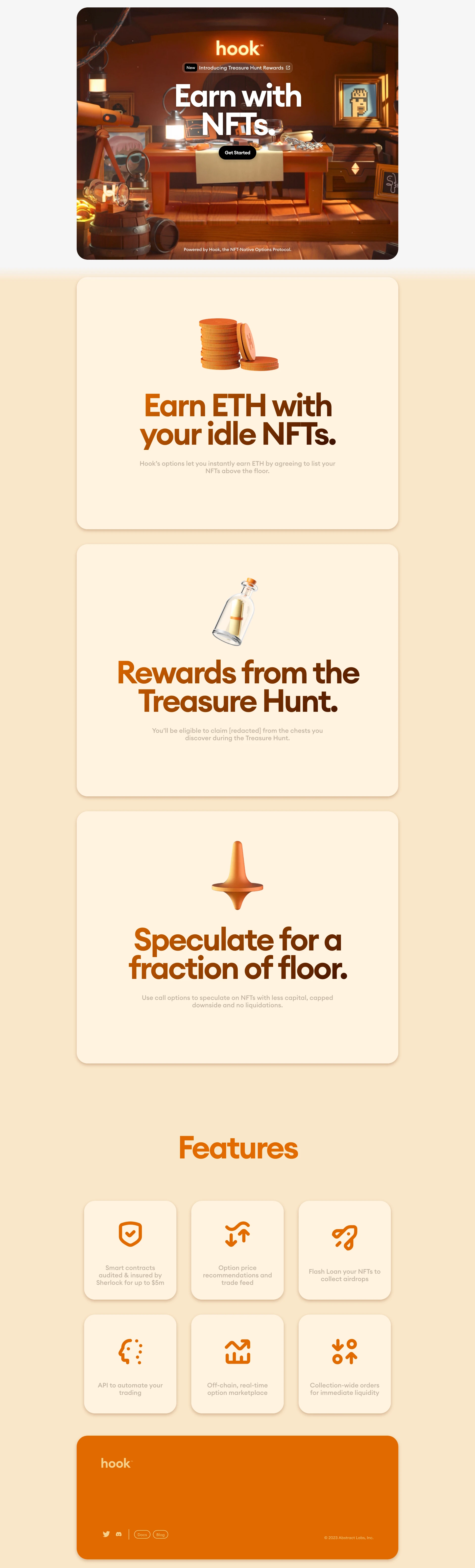 Hook Landing Page Example: The NFT-native call options protocol.