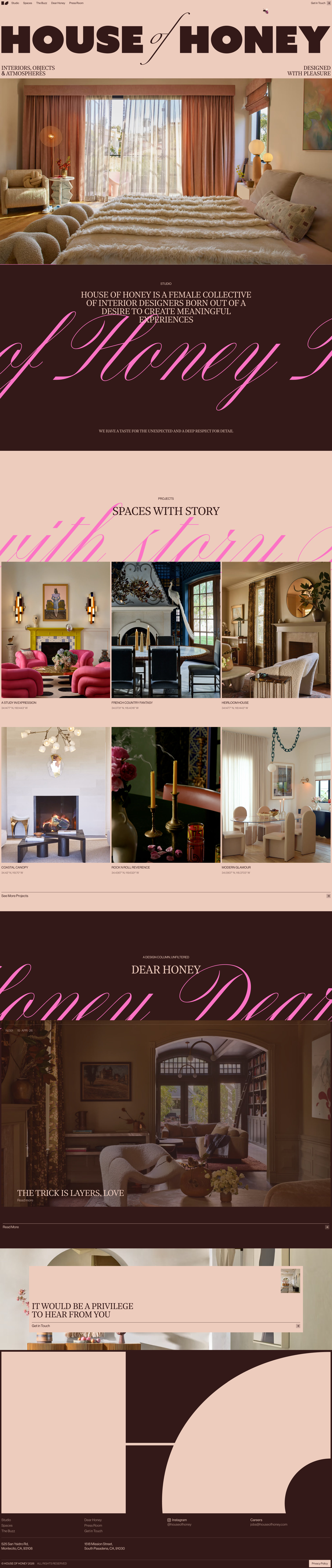 House of Honey Landing Page Example: House of Honey designs soulful, expressive interiors where life is celebrated. A California-based studio creating spaces with warmth, craft and character.