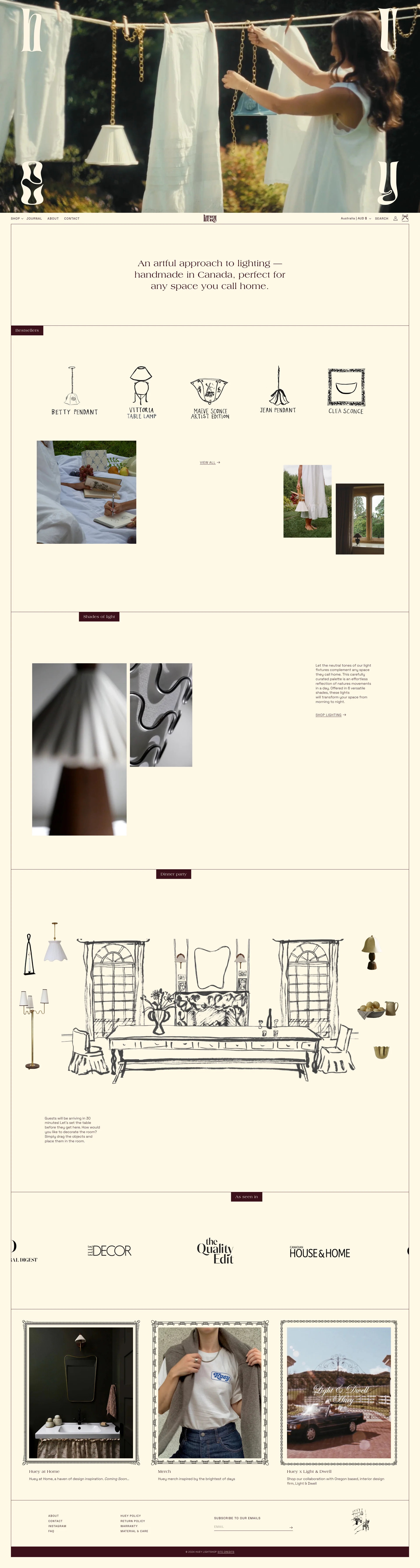 Huey Lightshop Landing Page Example: An artful approach to lighting — handmade in Canada, perfect for any space you call home.