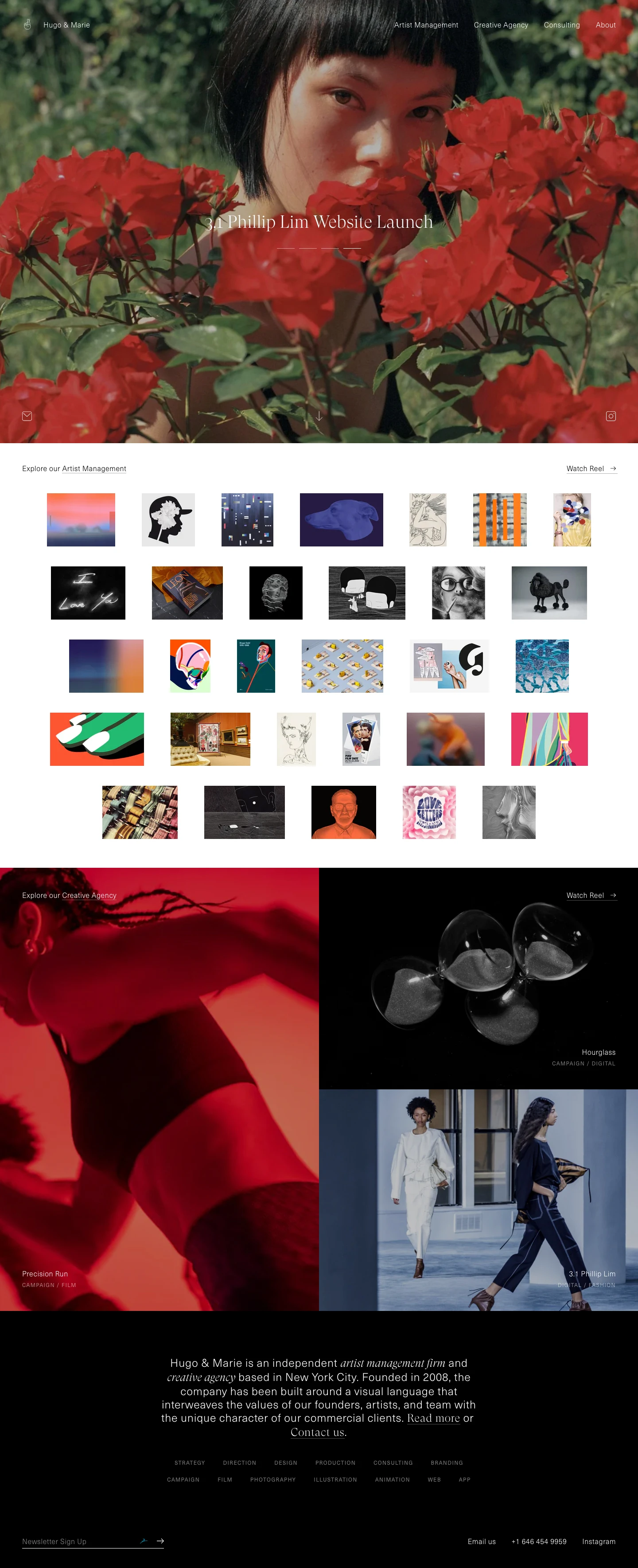 Hugo & Marie  Landing Page Example: Hugo & Marie is an independent artist management firm and creative agency based in New York City. Founded in 2008, the company has been built around a visual language that interweaves the values of our founders, artists, and team with the unique character of our commercial clients.