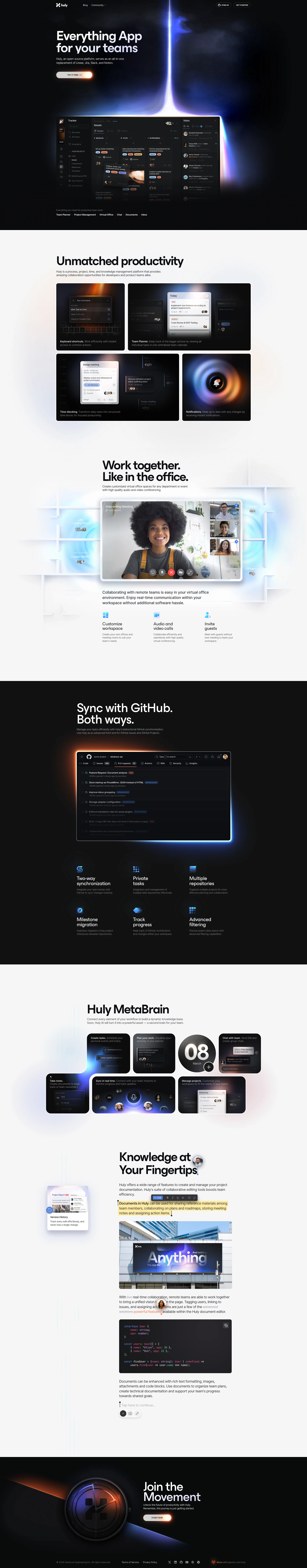 Huly Landing Page Example: Huly, an open-source platform, serves as an all-in-one replacement of Linear, Jira, Slack, and Notion.