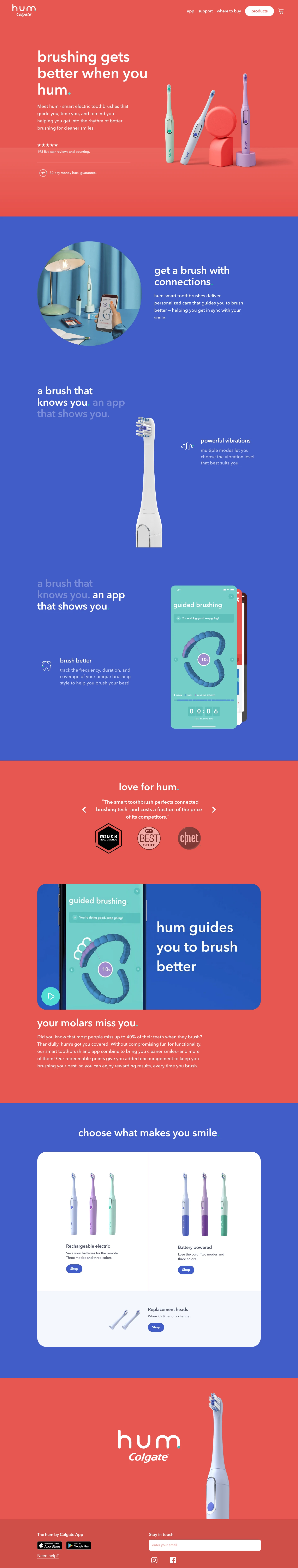 hum Landing Page Example: Meet hum - smart connected toothbrushes that guide you, time you, and remind you - helping you get into the rhythm of better brushing for cleaner smiles.