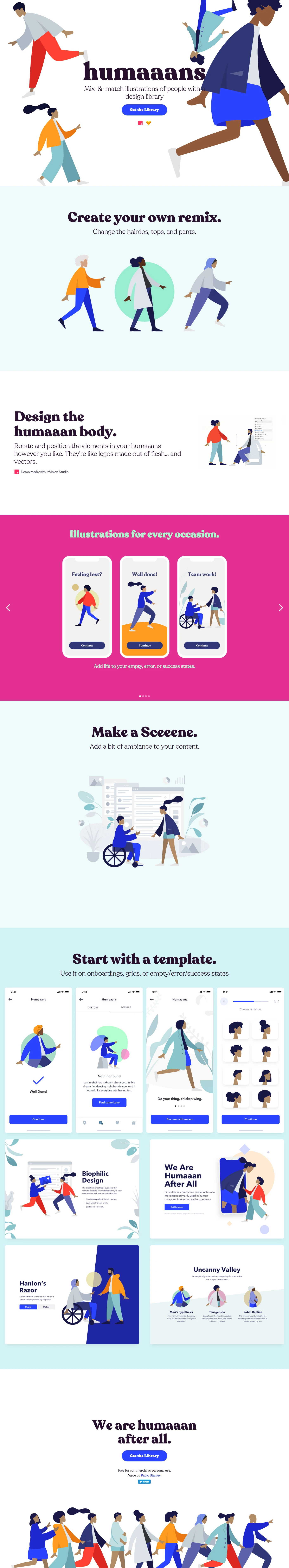 Humaaans Landing Page Example: Mix-&-match illustrations of people with a design library for InVIsion Studio and Sketch.
