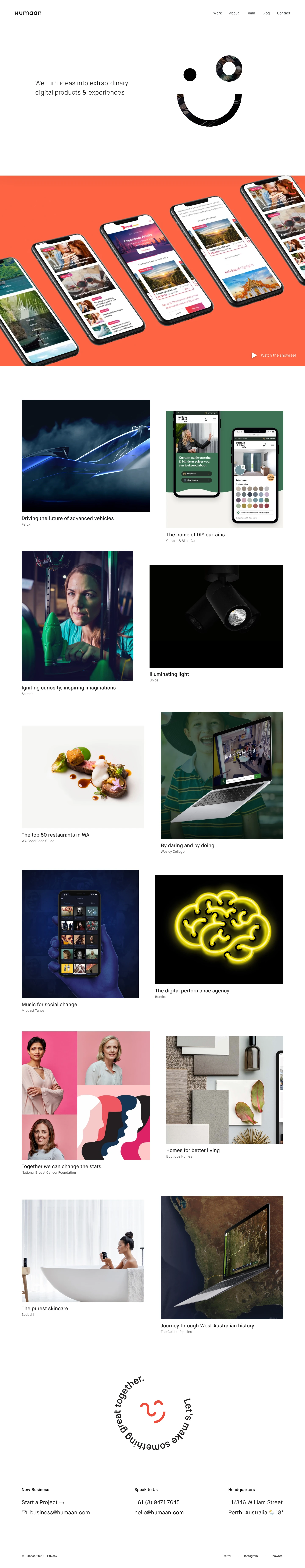 Humaan Landing Page Example: Award winning websites, native apps, fully featured eCommerce and intelligent software through strategic design, UX and modern technology. We turn ideas into extraordinary digital products & experiences.