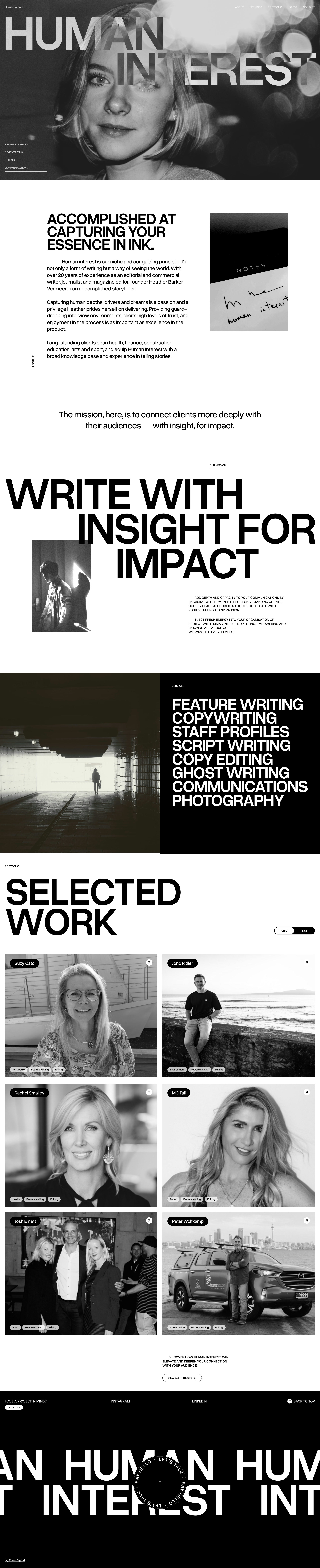 Human Interest Landing Page Example: Add depth and capacity to your communications by engaging with Human Interest. Long-standing clients occupy space alongside ad hoc projects, all with positive purpose and passion.