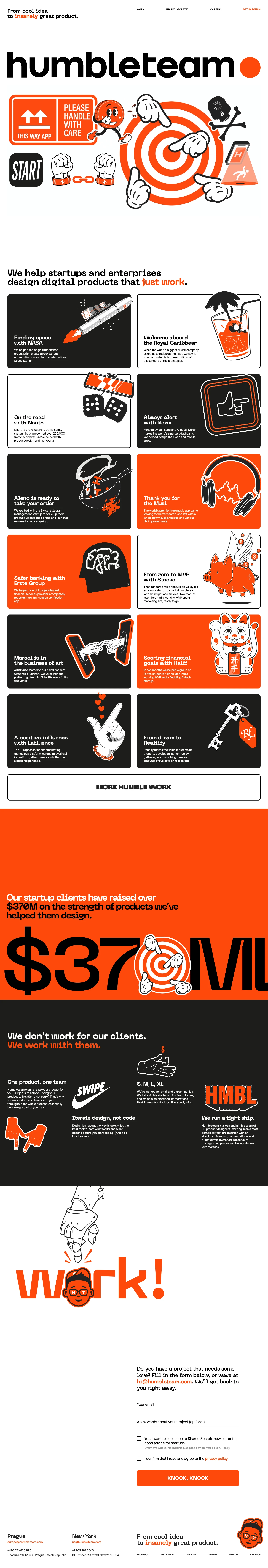 Humbleteam Landing Page Example: We design successful digital products and brand experiences for startups and enterprises in all business sectors on land, at sea and in space.