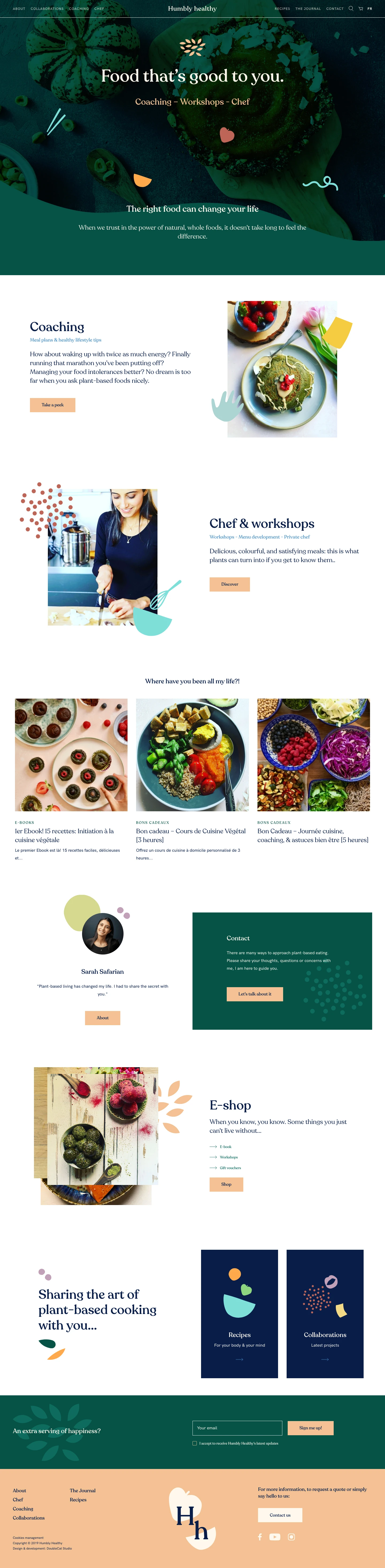 Humbly healthy Landing Page Example: Real, natural ingredients that fill your mind & body with joy ! Discover what plant-based cuisine can do for you & your health. Chef – Workshops – Coaching.