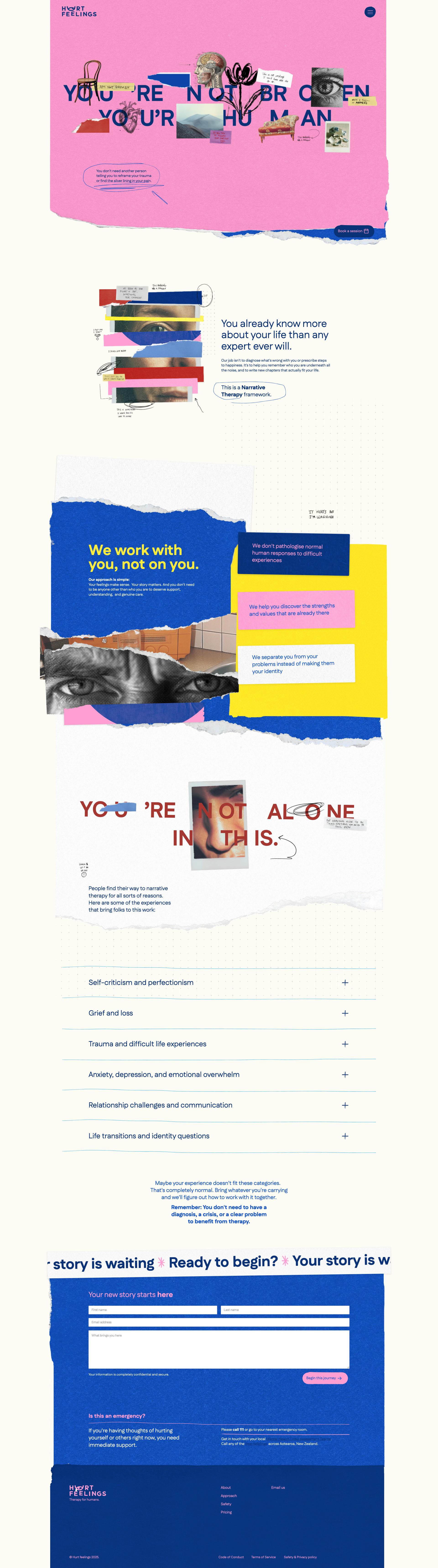 Hurt Feelings Landing Page Example: You're not broken. Your feelings make sense. Narrative therapy in Wellington that treats you as the expert on your own life. No diagnosis, no fixing - just real support.