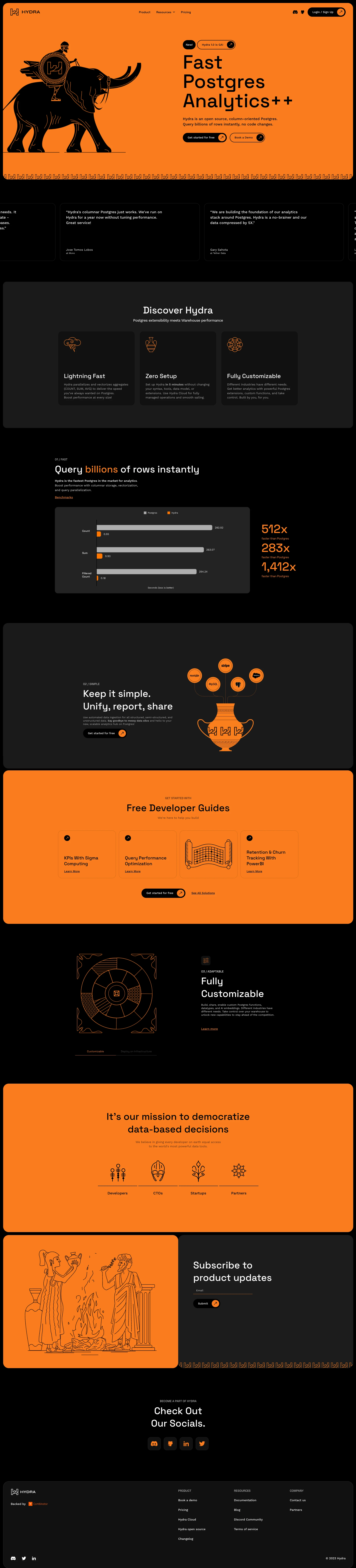 Hydra Landing Page Example: Fast, open-source analytics on column-oriented Postgres. Query billions of rows instantly without making code changes.