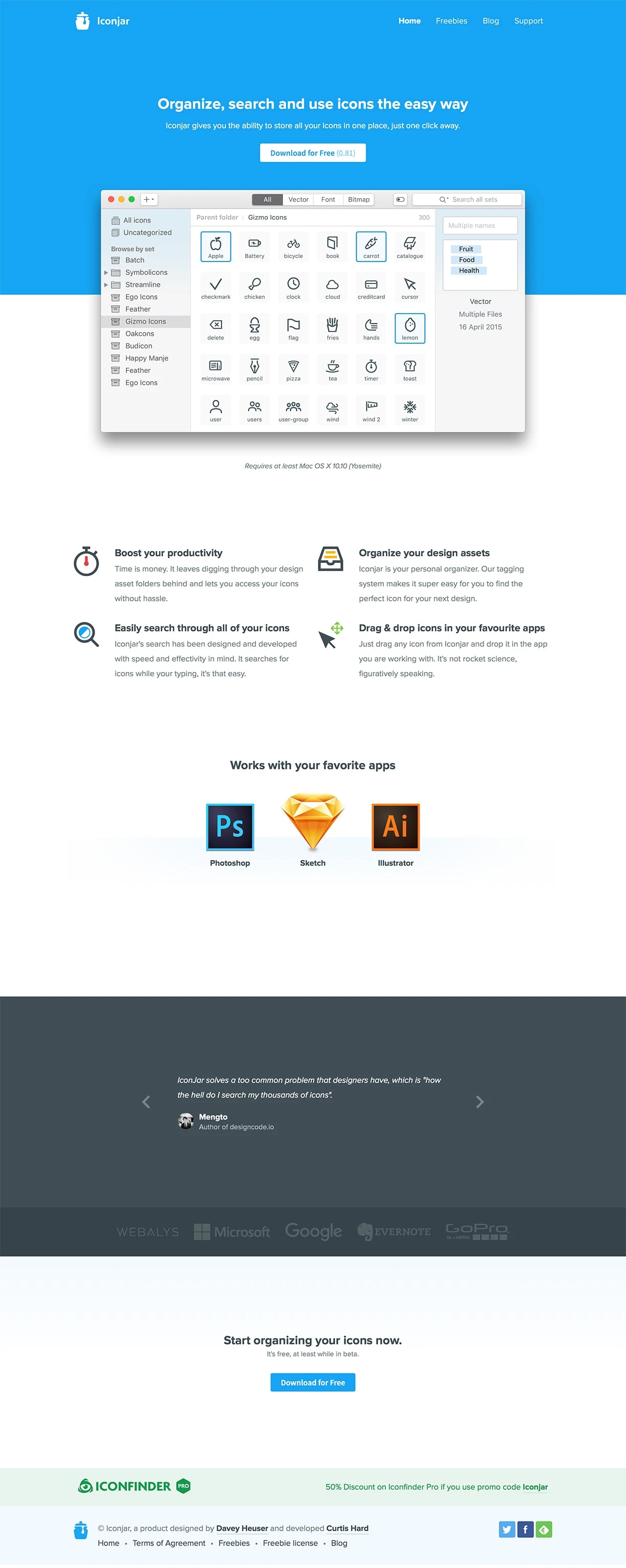 Iconjar Landing Page Example: Iconjar gives you the ability to store all your icons in one place, just one click away
