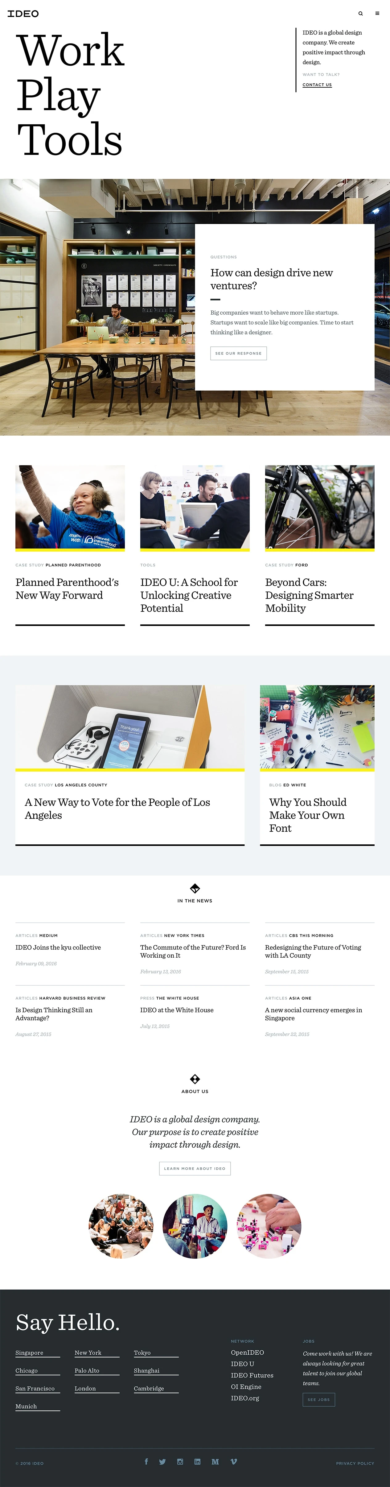 IDEO Landing Page Example: IDEO is a global design company. We create positive impact through design.