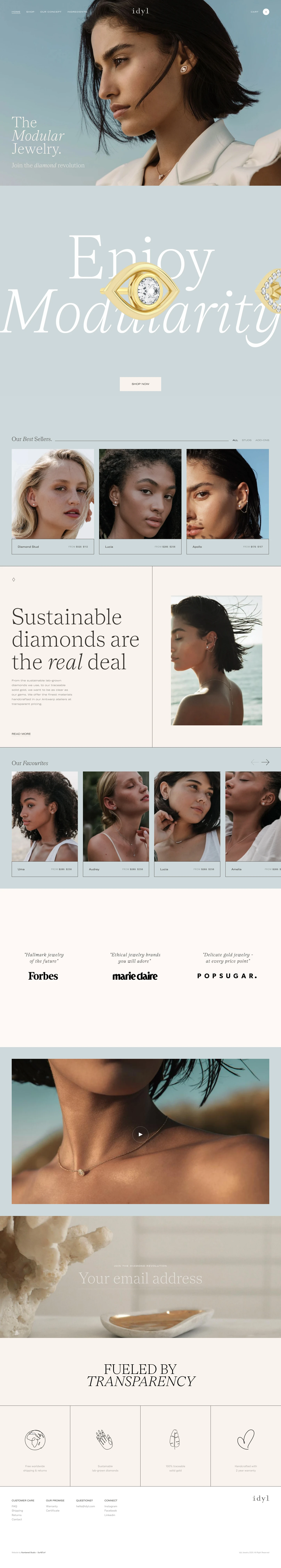 Idyl Landing Page Example: We craft the diamonds, you create the look. Modular jewelry and lab-grown diamonds starting at 125$.