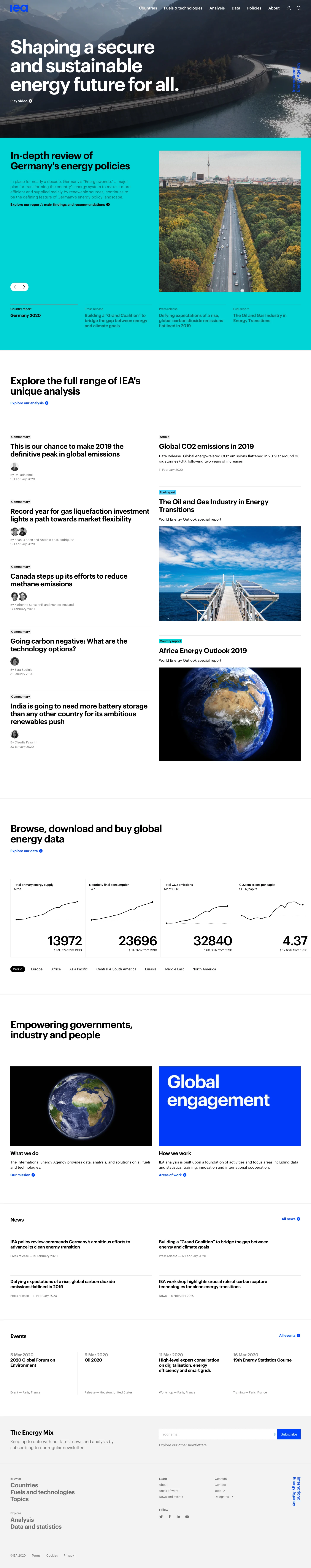 International Energy Agency Landing Page Example: The International Energy Agency works with countries around the world to shape energy policies for a secure and sustainable future.
