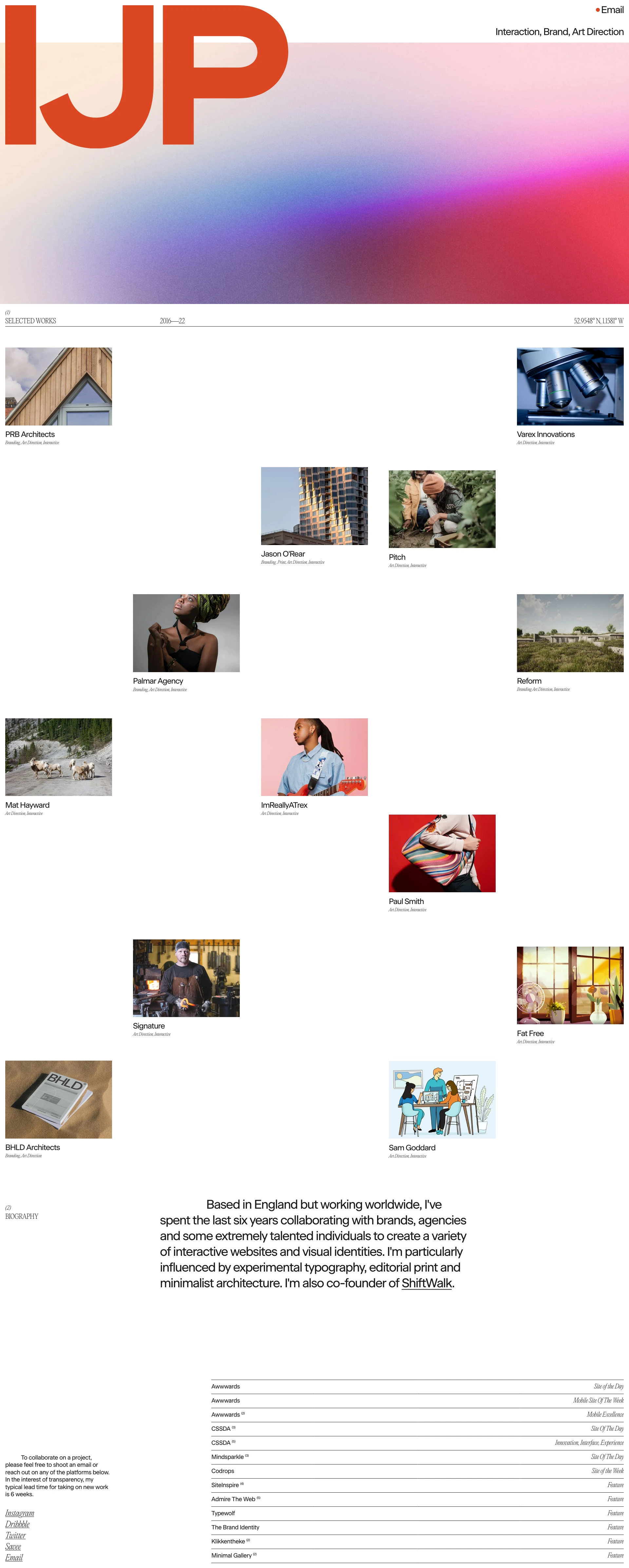 Isaac Powell Landing Page Example: Based in England but working worldwide, I have spent the last six years collaborating with brands, agencies and some extremely talented individuals to create a variety of interactive websites and visual identities.