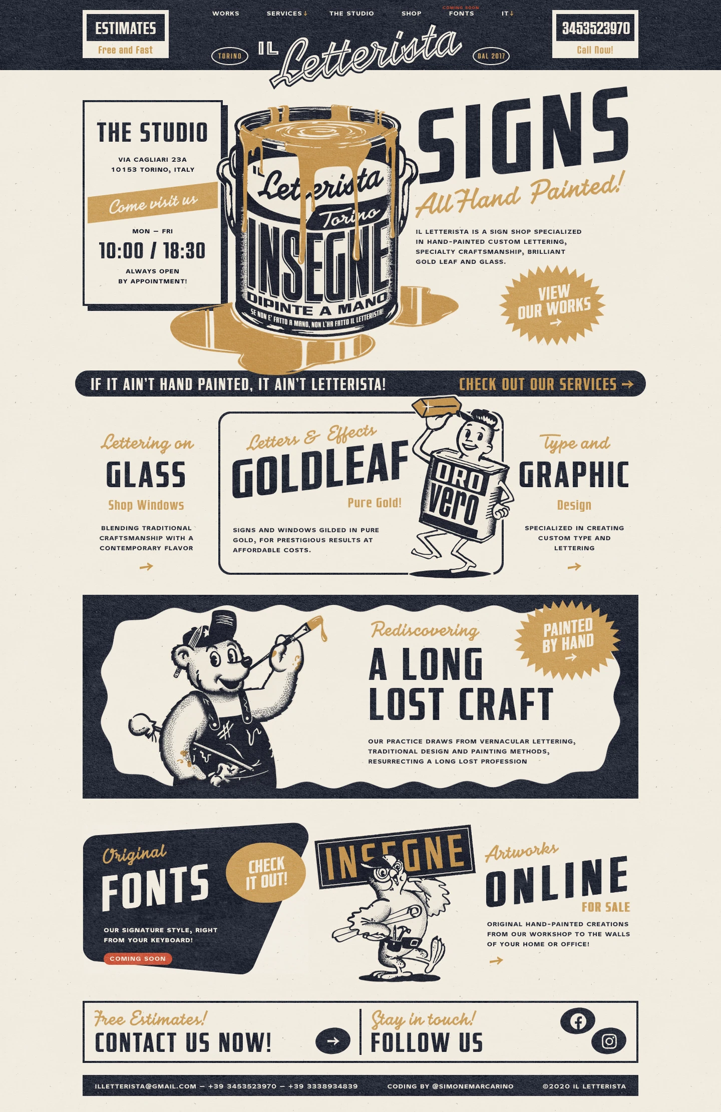 IL Letterista Landing Page Example: Il Letterista is a sign shop specialized in hand-painted custom lettering, specialty craftsmanship, brilliant gold leaf and glass signs. Established 2017, Torino.