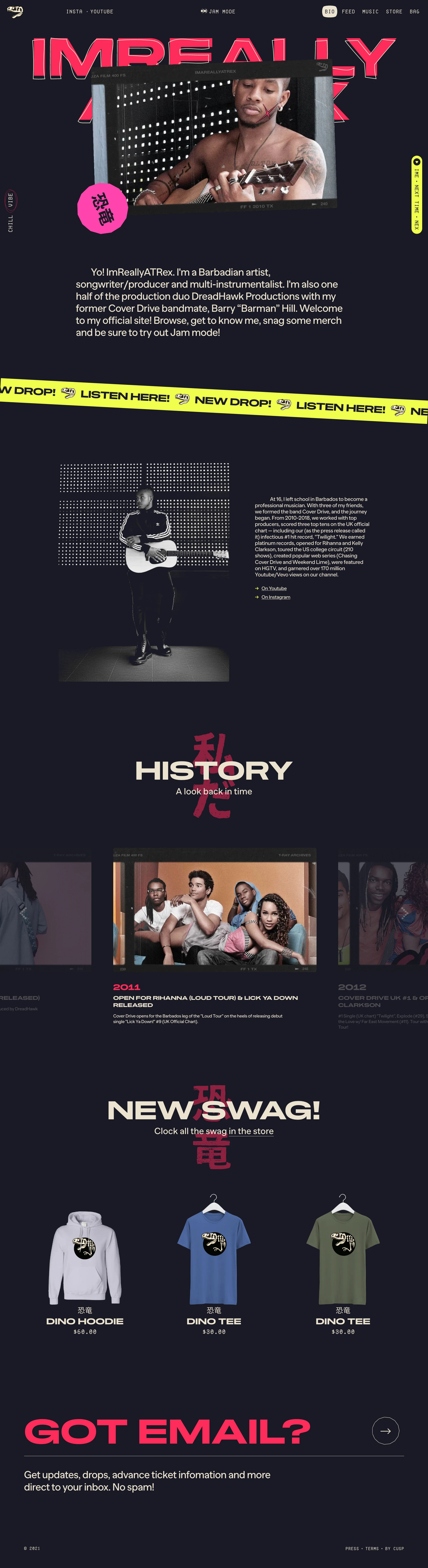 ImReallyATRex Landing Page Example: T-Ray Armstrong, aka IAmReallyATrex, is a drummer and musician, born on May 31, 1993 in Barbados. He began his career playing with the Barbadian band Cover Drive in 2010.