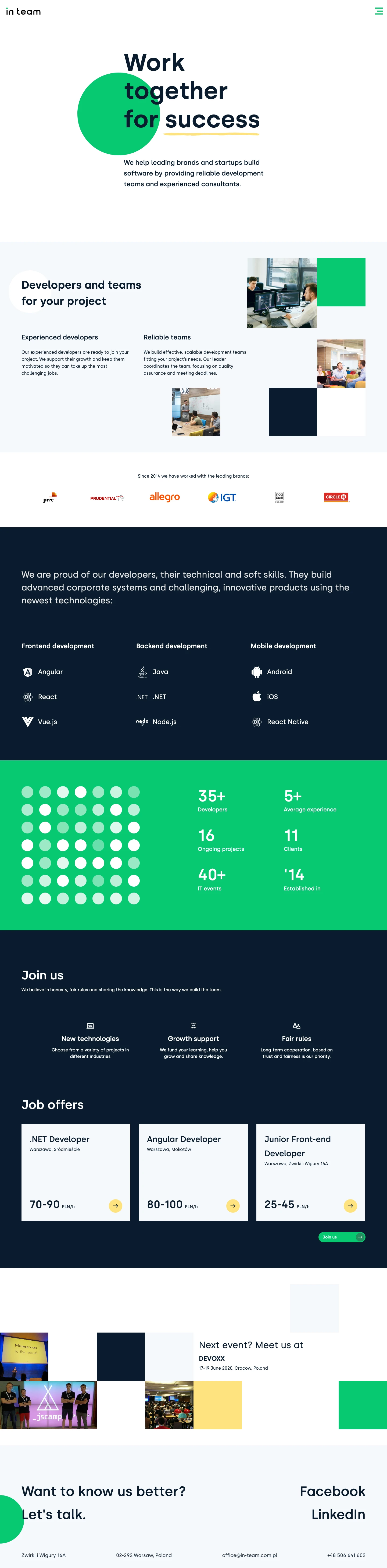 IN Team Landing Page Example: Work together for success. We help leading brands and startups build software by providing reliable development teams and experienced consultants.