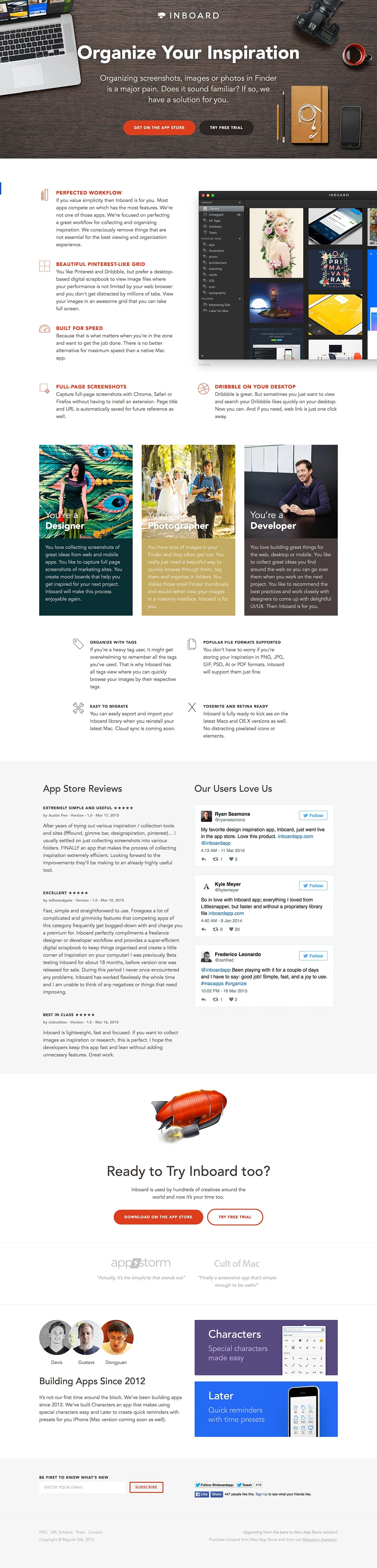 Inboard App Landing Page Example: Organizing screenshots, images or photos in Finder is a major pain. Does it sound familiar? If so, we have a solution for you.