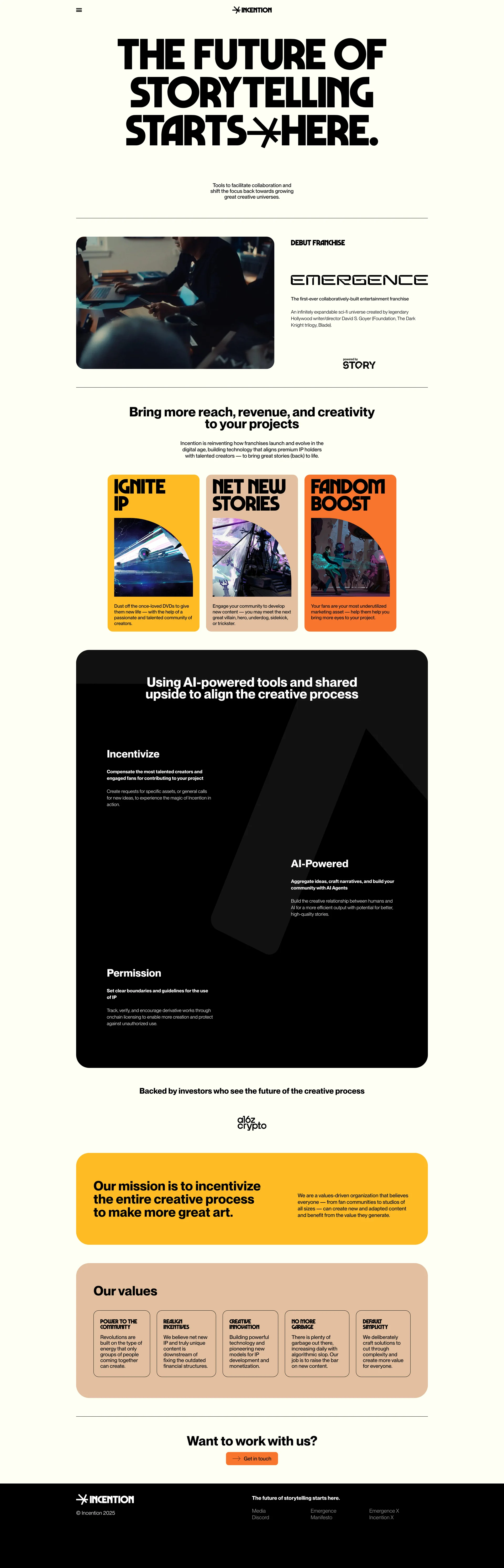 Incention Landing Page Example: The Future of Storytelling Starts Here. Tools to facilitate collaboration and shift the focus back towards growing great creative universes.