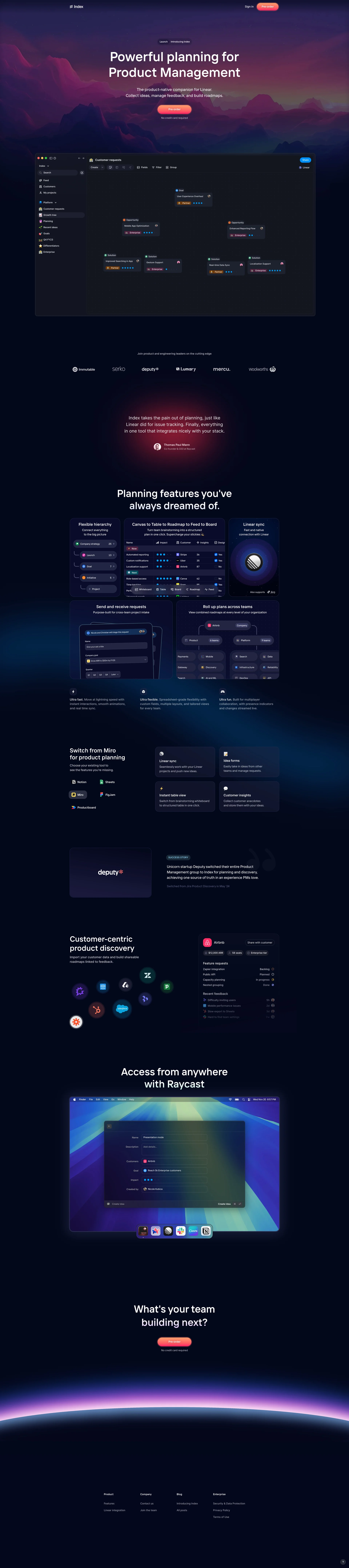 Index Inc Landing Page Example: The powerful product planning and discovery tool, built for Product Managers on Linear. The best way to collect ideas, capture feedback, and build roadmaps.