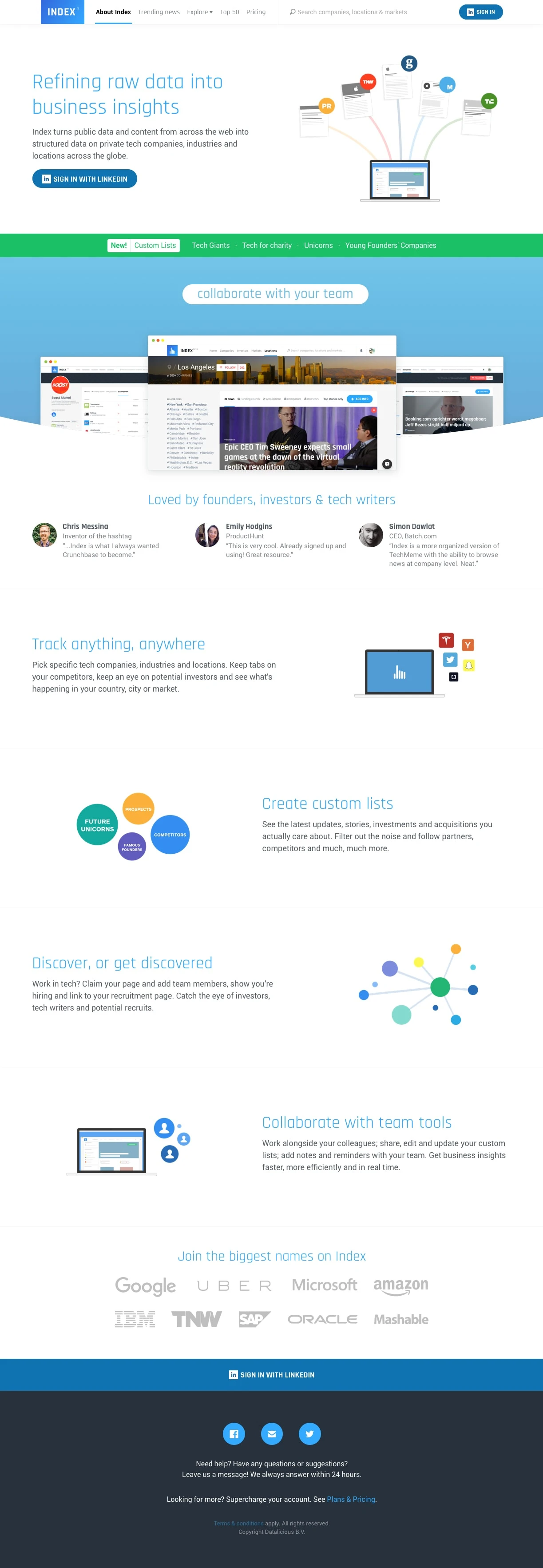 Index.co Landing Page Example: Index turns public data and content from across the web into structured data on private tech companies, industries and locations across the globe.