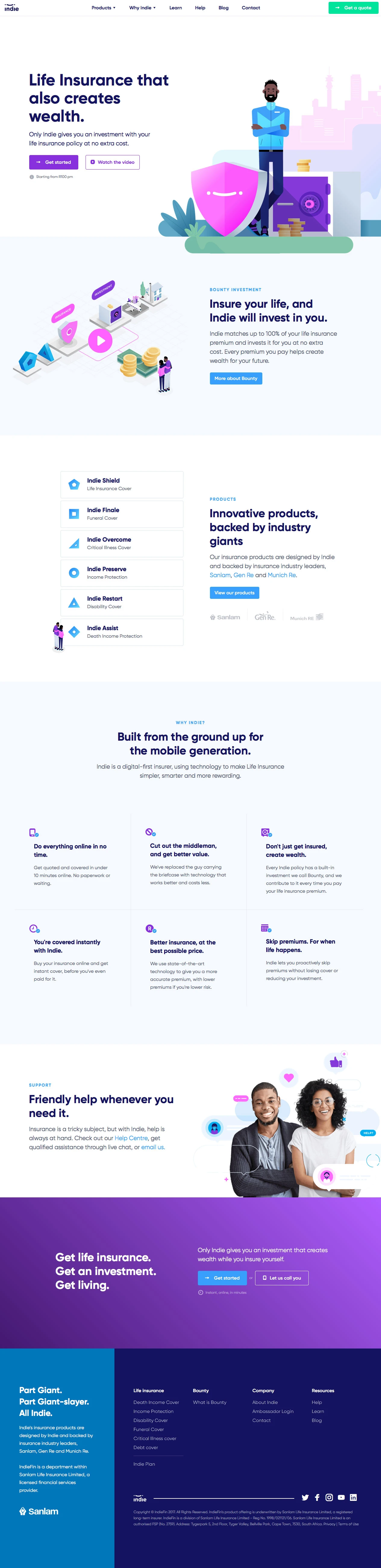 Indie Landing Page Example: Indie matches up to 100% of your life insurance premium and invests it for you at no extra cost. Every premium you pay goes towards creating wealth for your future.