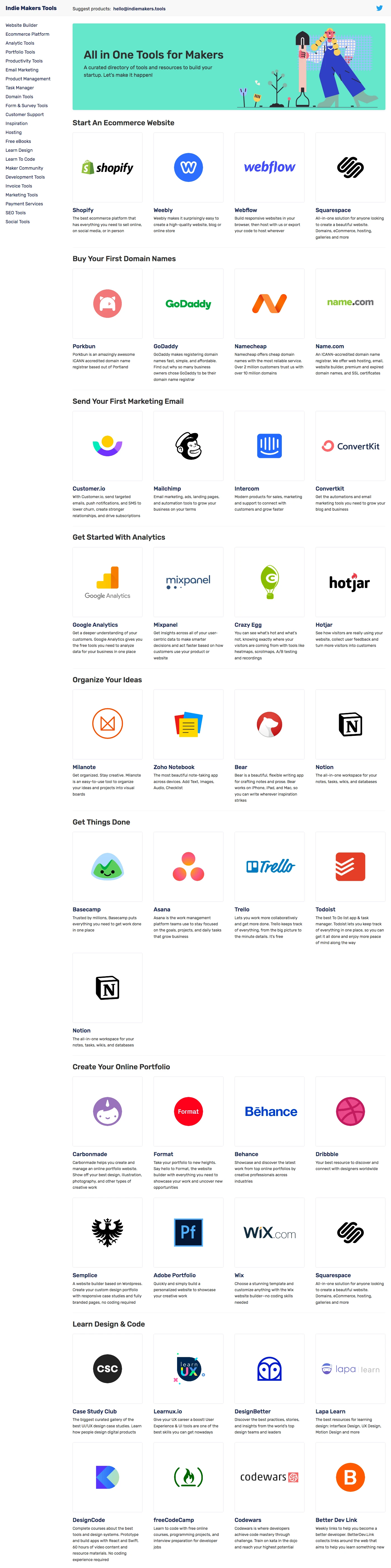 Indie Makers Tools Landing Page Example: A curated directory of tools and resources to build your startup. Let's make it happen!