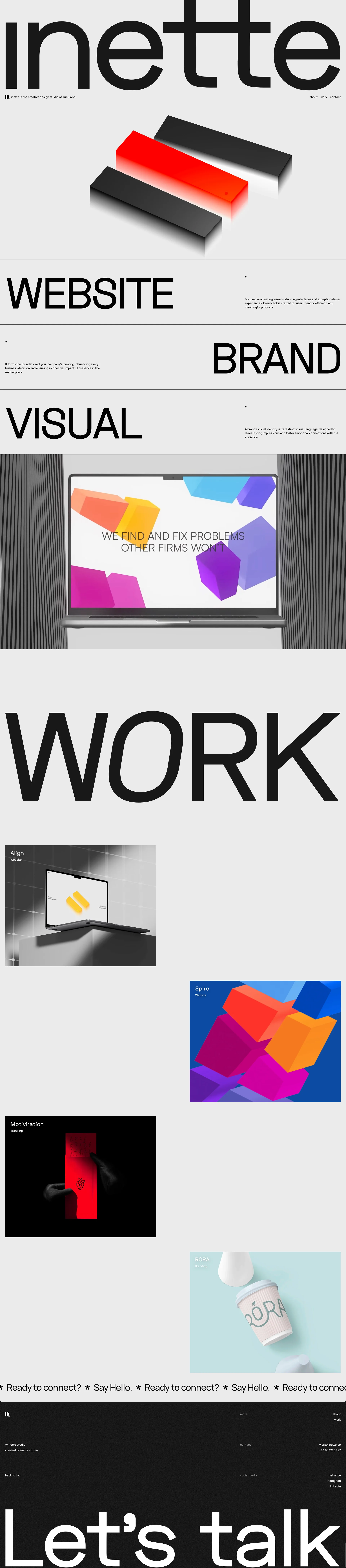 Inette Landing Page Example: Inette is the creative studio of Trieu Anh, specializing in beautifully crafted websites, unique branding, and captivating visuals. We focus on transforming ideas into visually stunning digital experiences that reflect your brand’s identity.