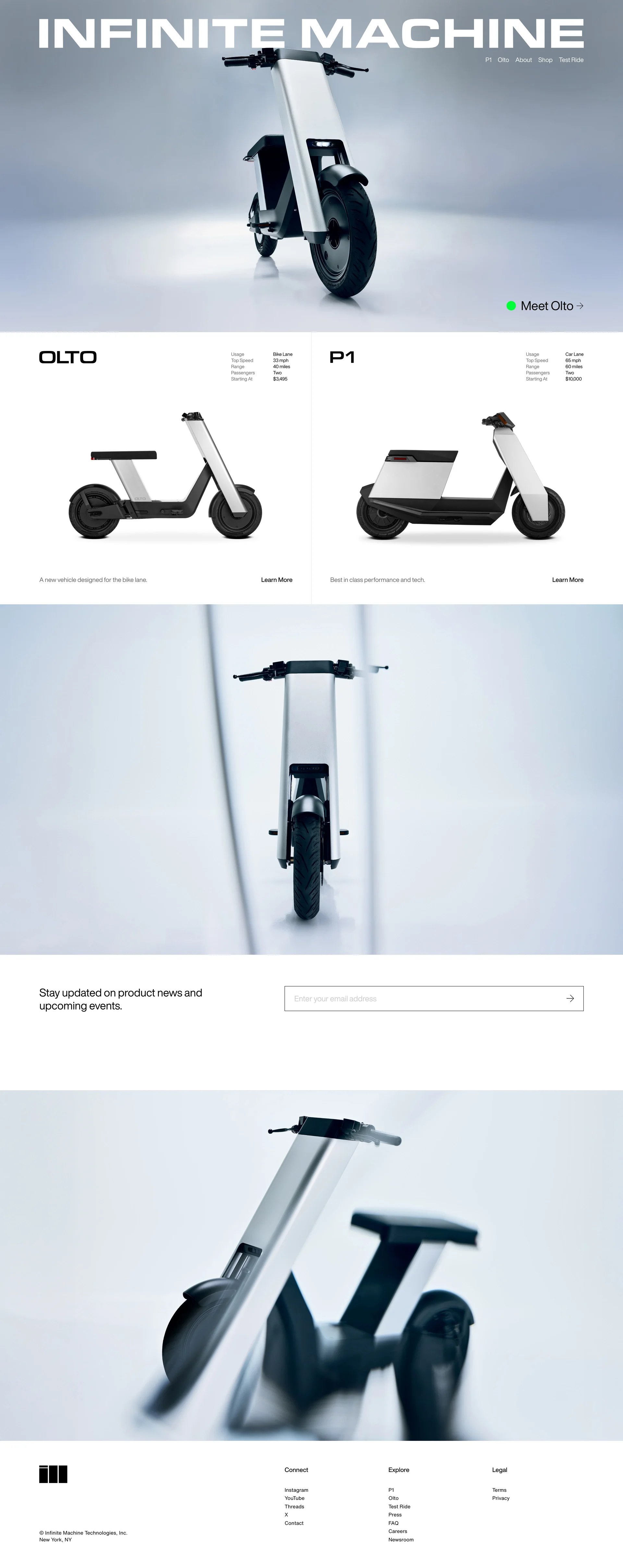 Infinite Machine Landing Page Example: Non cars for the future. Introducing P1, a radical new personal electric vehicle, pairing a cutting edge industrial design with breakthrough performance and utility.