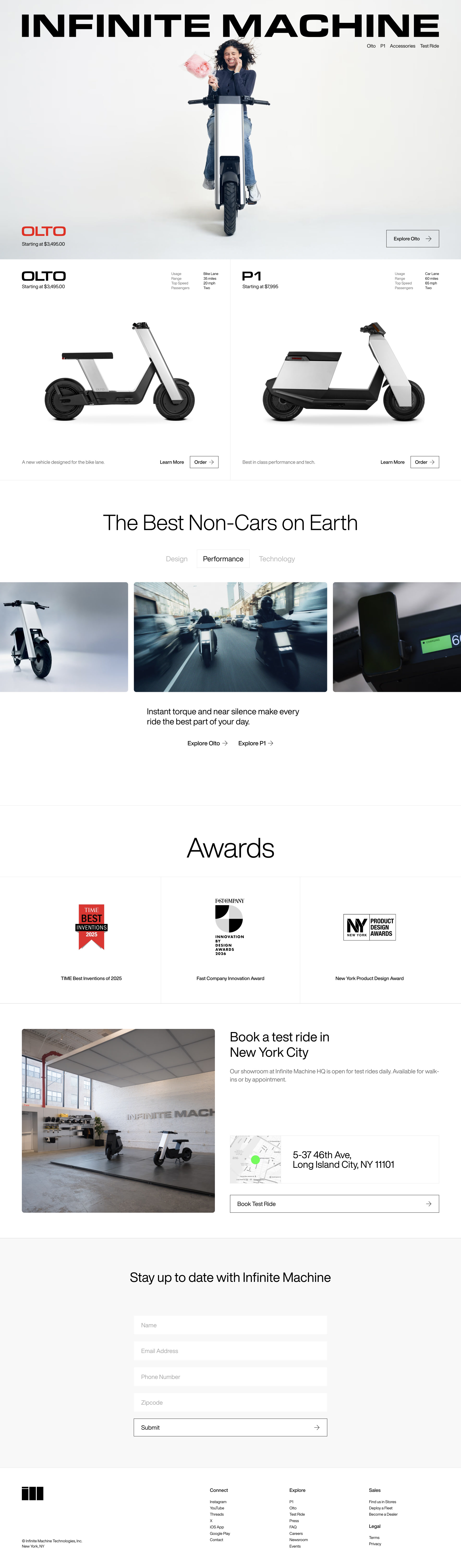 Infinite Machine Landing Page Example: Infinite Machine builds electric vehicles for city life. Olto: $3,495 bike-lane e-bike, 35-mile range. P1: $7,995, 65 mph. Test ride in NYC and SF.