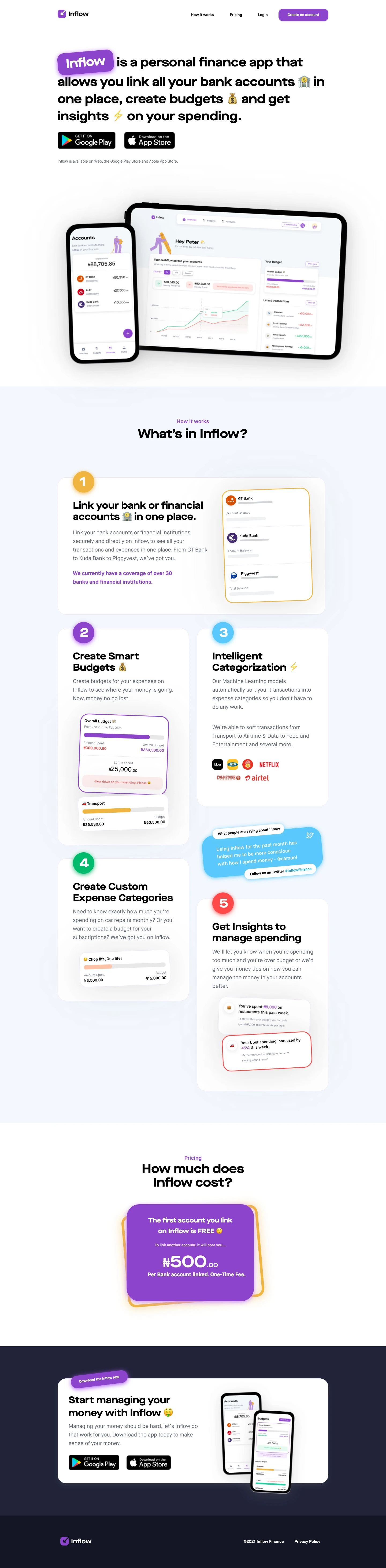 Inflow Landing Page Example: Inflow makes it easy to link all your bank accounts in one place, track your spending patterns and categories; making you stay on top of your financial game.