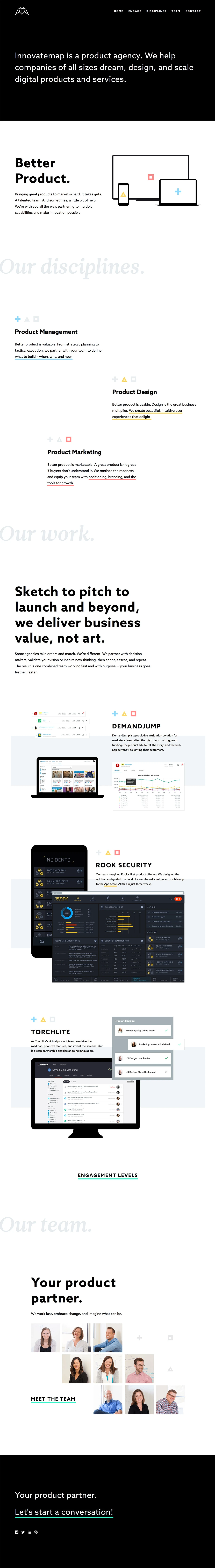 Innovatemap Landing Page Example: Innovatemap is a product agency. We help companies of all sizes dream, design, and scale digital products and services.