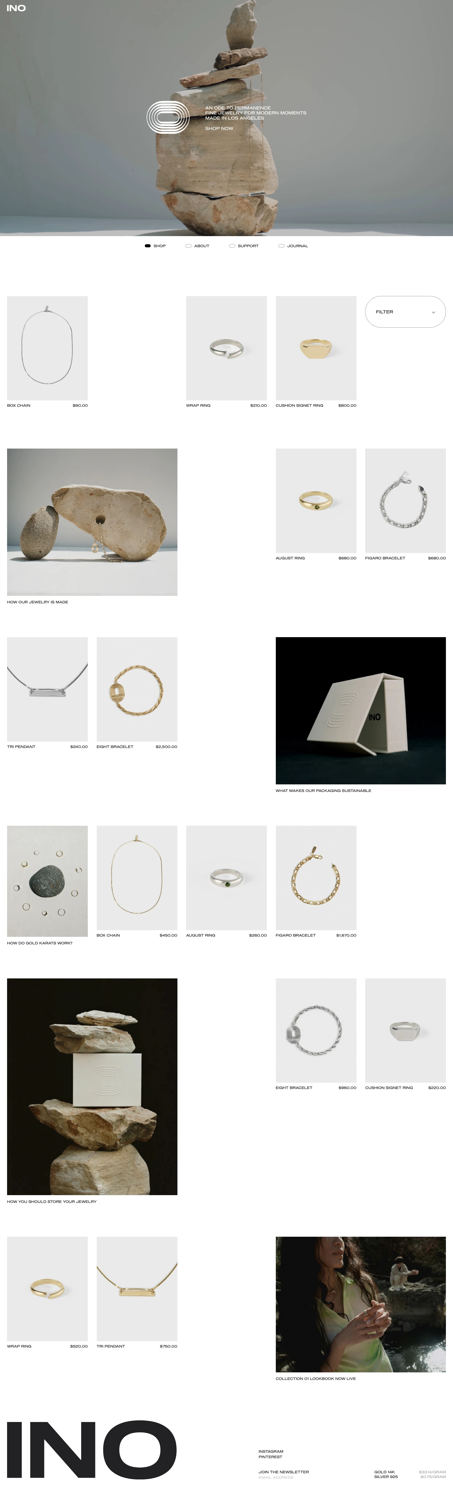 INO Jewelry Landing Page Example: Discover our collection of gender neutral jewelry crafted in 925 sterling silver and solid 14k gold. Necklaces, rings, bracelets for both men and women. Handmade in Los Angeles. Enjoy free shipping worldwide.