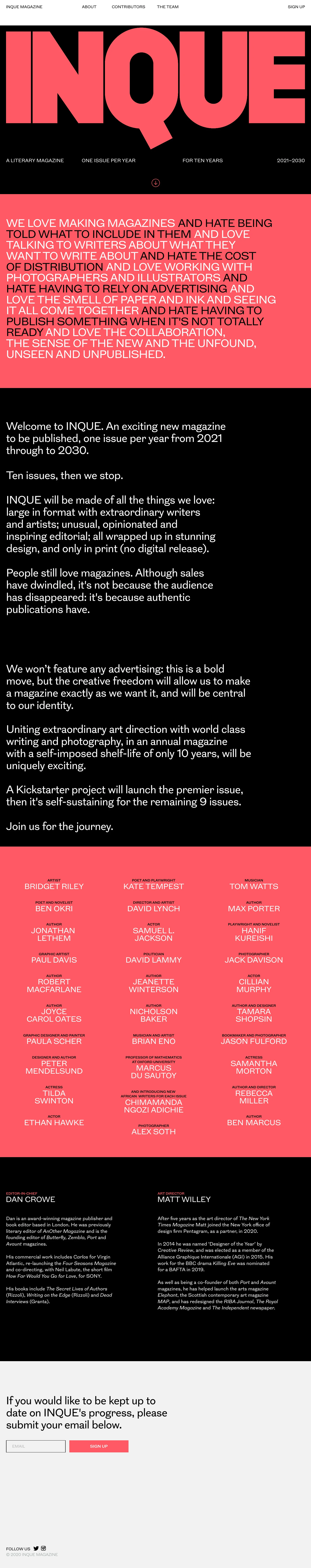 INQUE MAGAZINE Landing Page Example: A literary magazine from the team behind Zembla, Avaunt, and Port. One issue per year for 10 years.