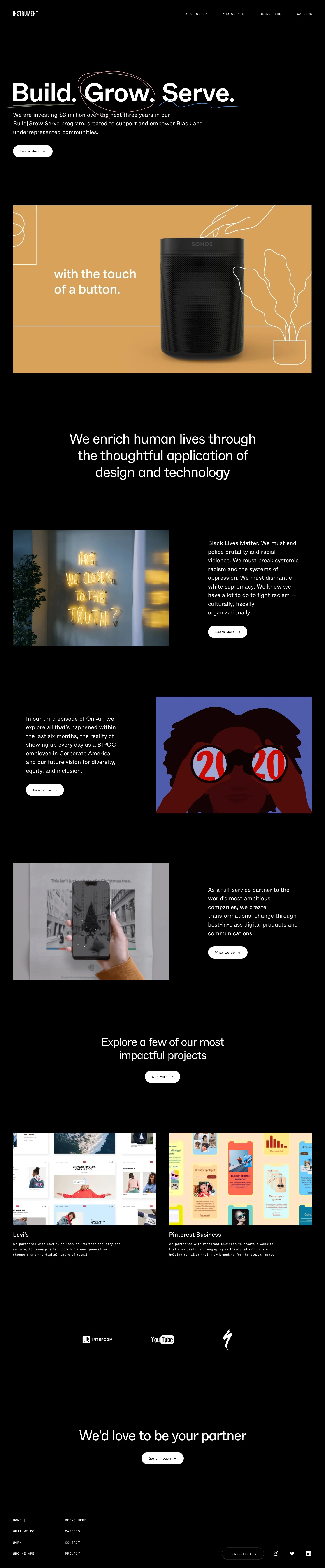 Instrument Landing Page Example: We are equal parts creative agency, engineering firm, and consultancy. Our approach draws the best elements of each to deliver exceptional work.