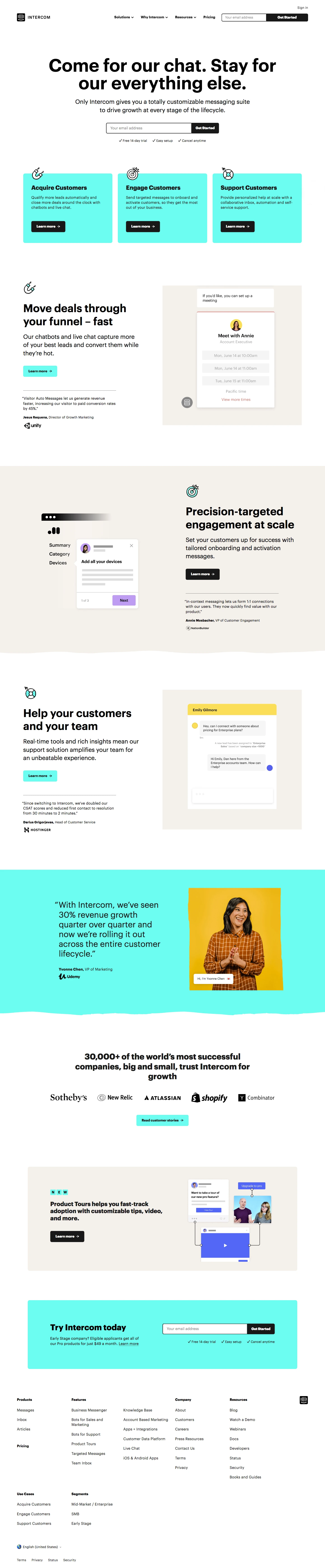Intercom Landing Page Example: Come for our chat. Stay for our everything else. We make customer messaging apps for sales, marketing, and support, connected on one platform. Our mission is to make business personal again.