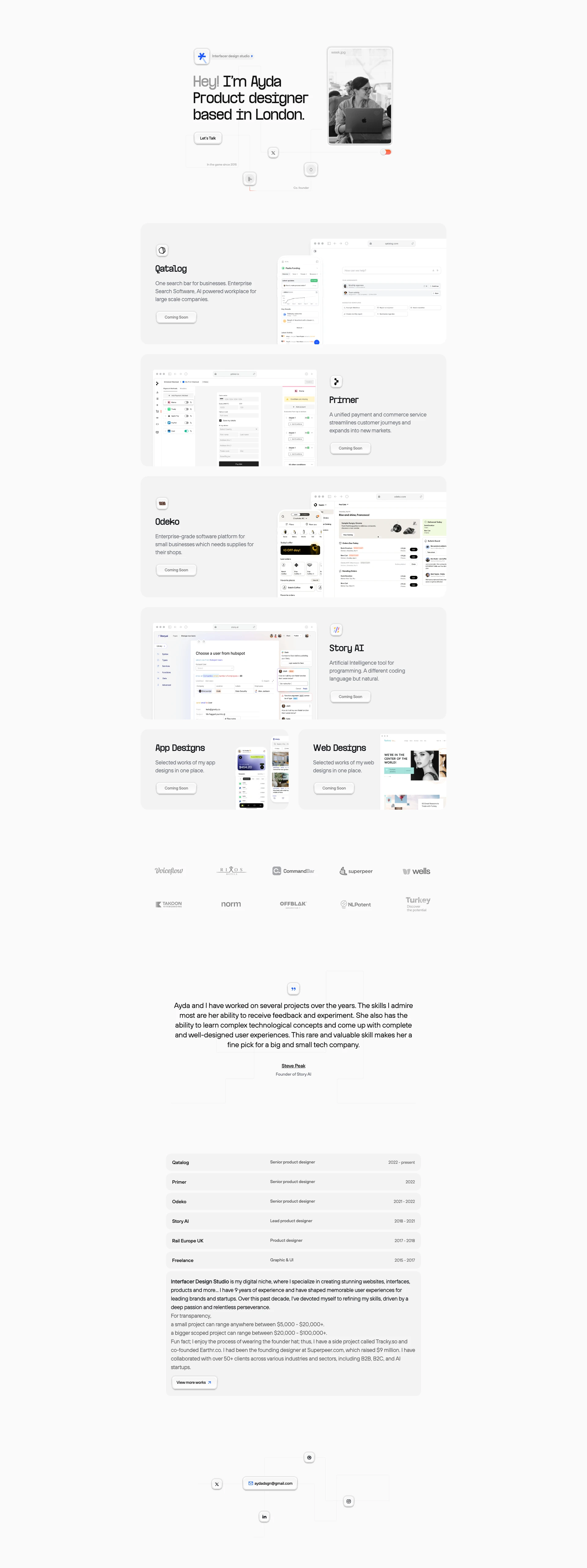 Ayda Oz Landing Page Example: Interfacer Design Studio is my digital niche, where I specialize in creating stunning websites, interfaces, products and more... I have 9 years of experience and have shaped memorable user experiences for leading brands and startups. Over this past decade, I've devoted myself to refining my skills, driven by a deep passion and relentless perseverance.