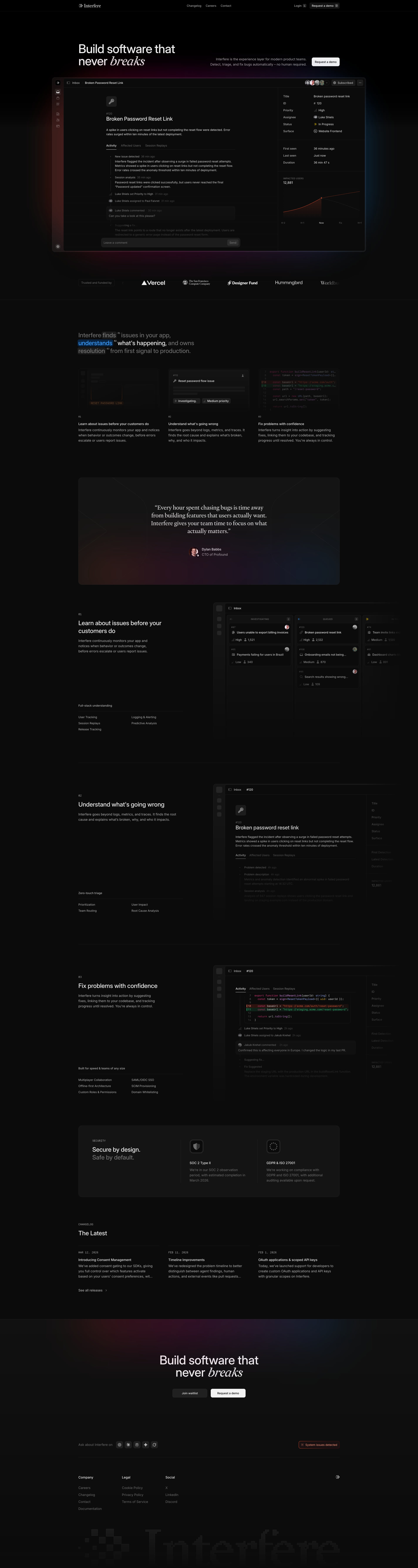 Interfere Landing Page Example: Build software that never breaks - Interfere finds and fixes bugs automatically in real-time, no human intervention required.