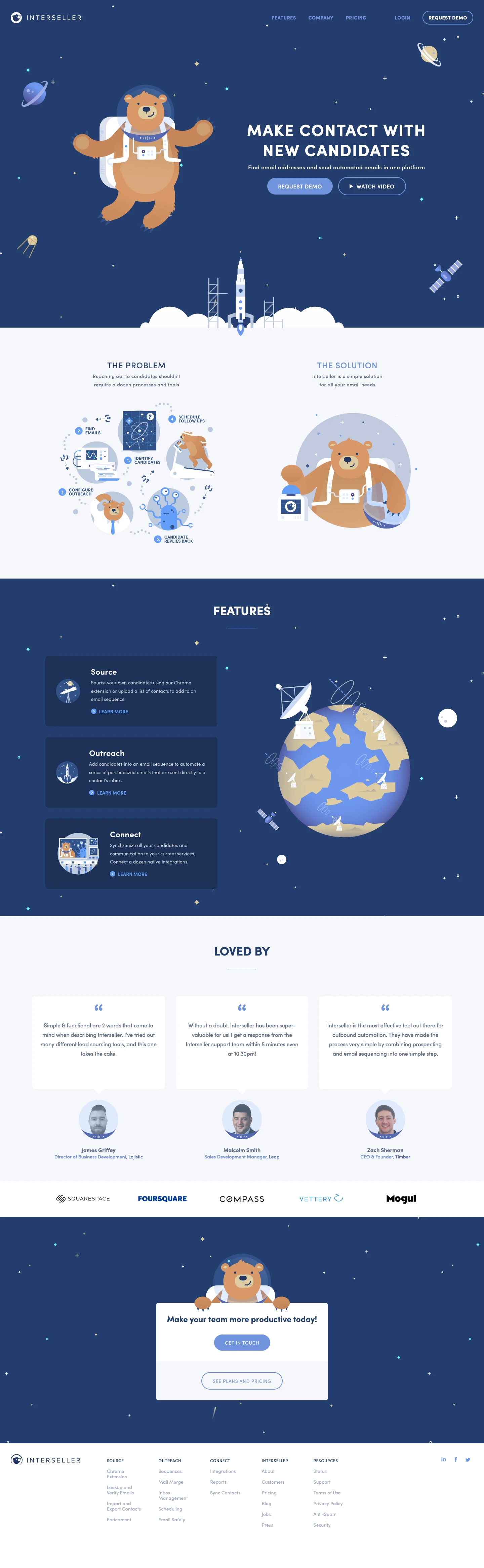 Interseller Landing Page Example: Interseller helps recruiters find and make contact with candidates by finding their email and sending email sequences